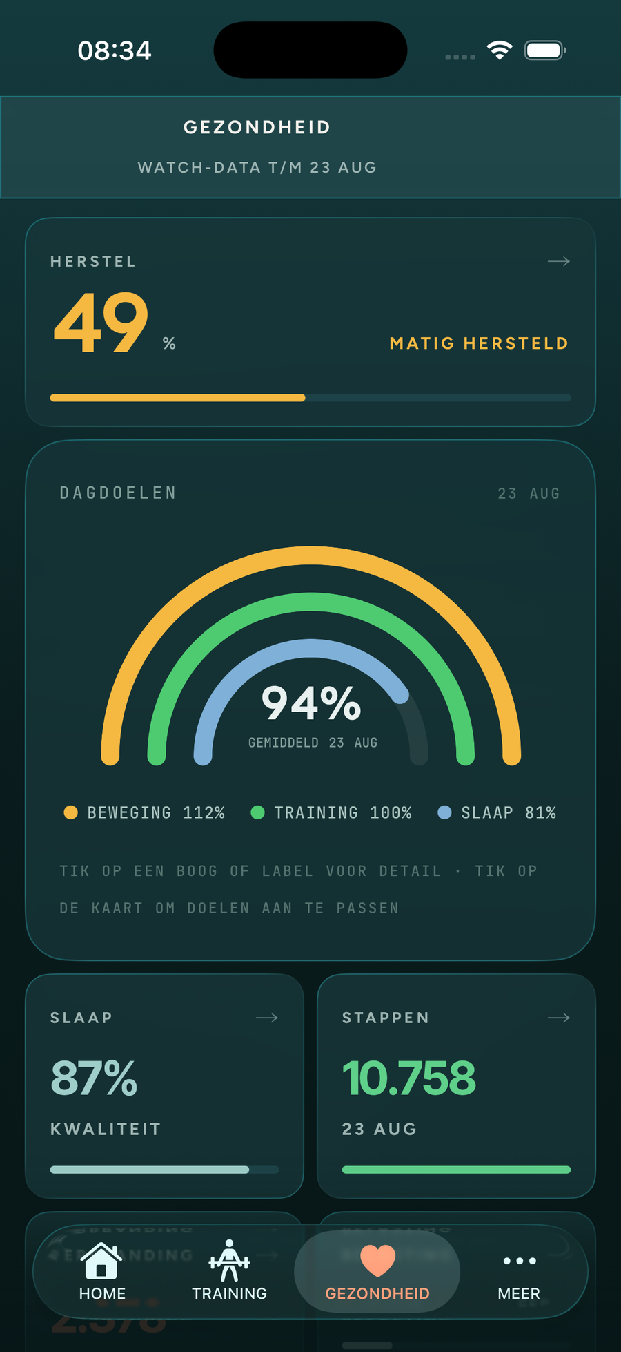 Het gezondheidsscherm van BASE met de herstelscore en de dagdoelen voor beweging, training en slaap